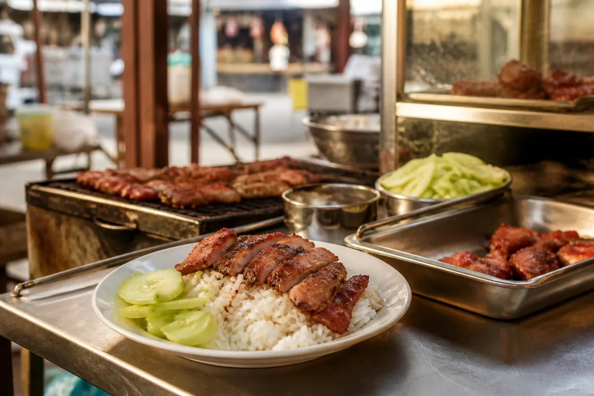 Porc grillé bai sach chrouk posé sur du riz dans un stand de marché cambodgien
