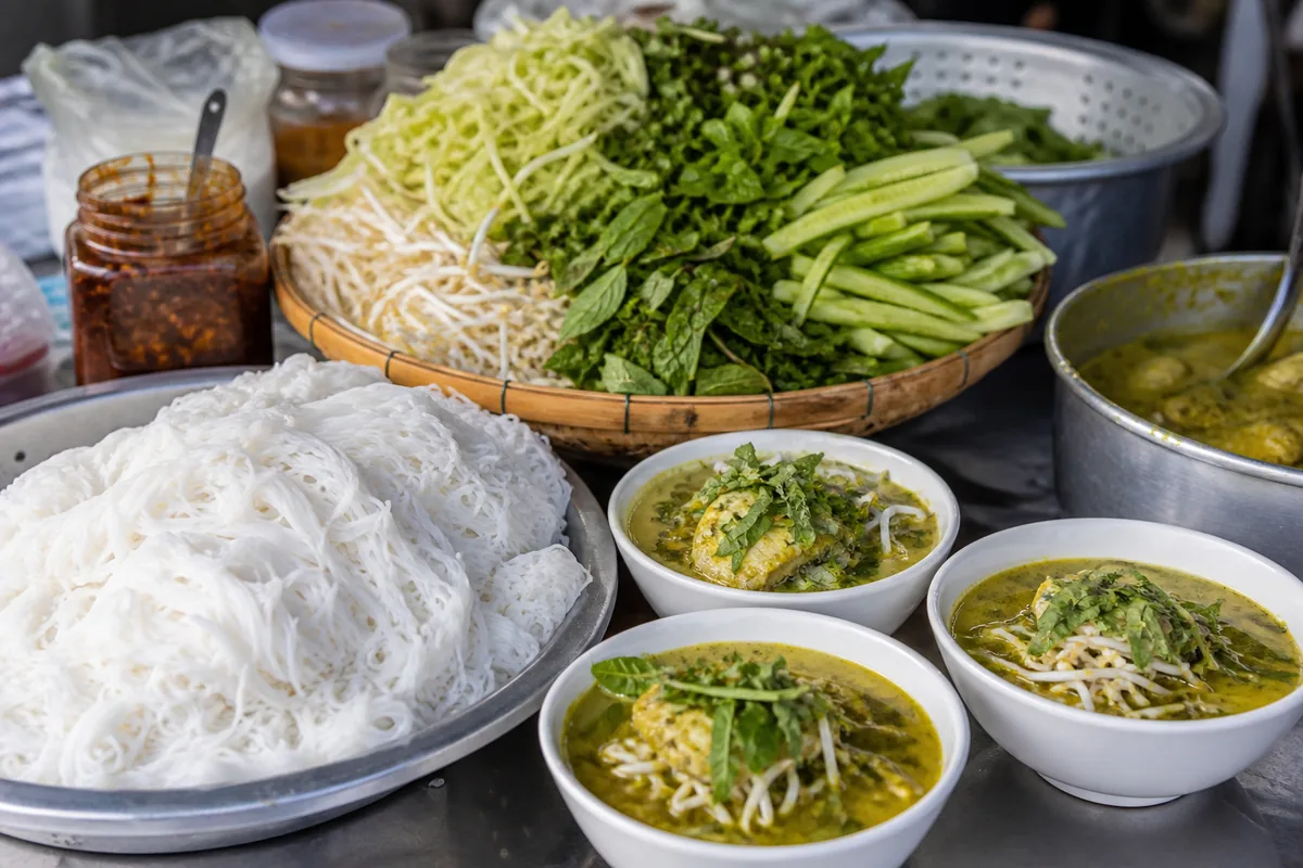 Bols de num banh chok, vermicelles de riz au curry vert avec herbes et concombre