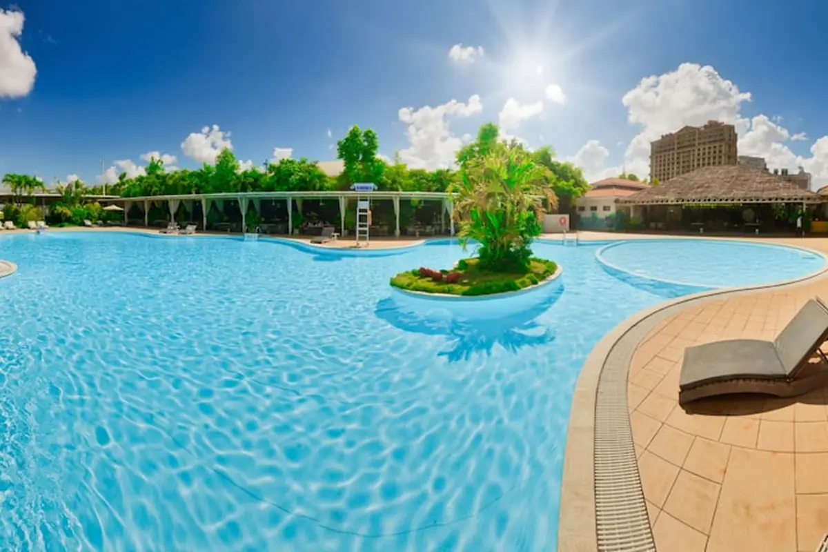 Grande piscine entourée d'arbres tropicaux