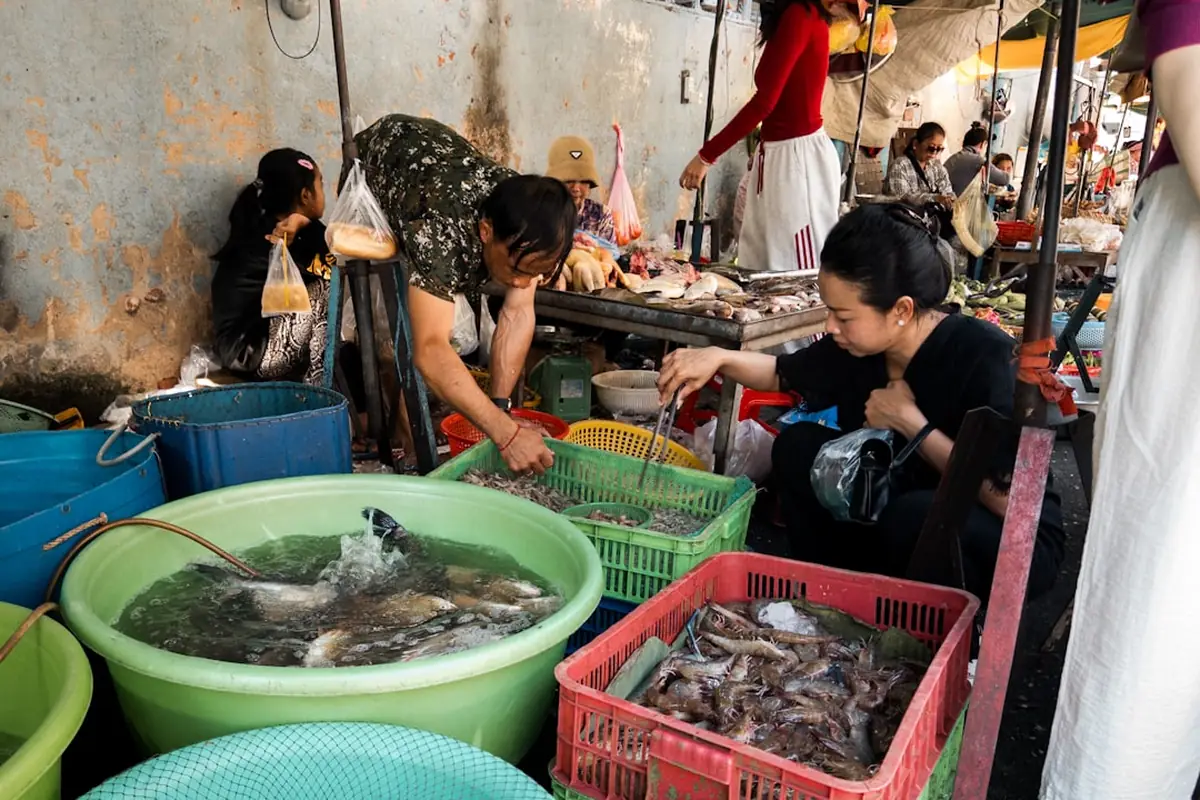 Vendeuse choisissant des crevettes sur un marché de produits de la mer