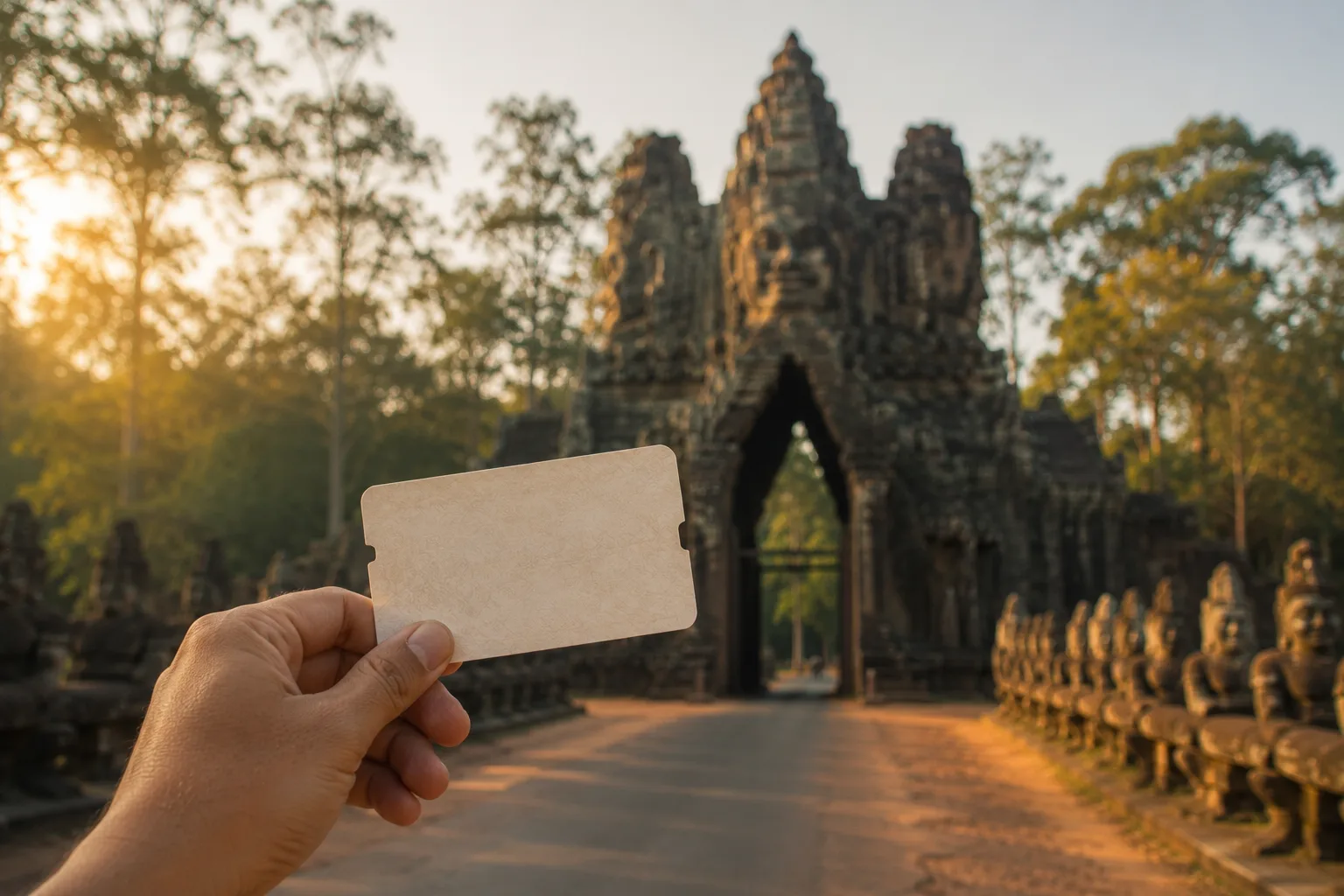 Billet tenu devant l'entree d'un temple d'Angkor en fin d'apres-midi