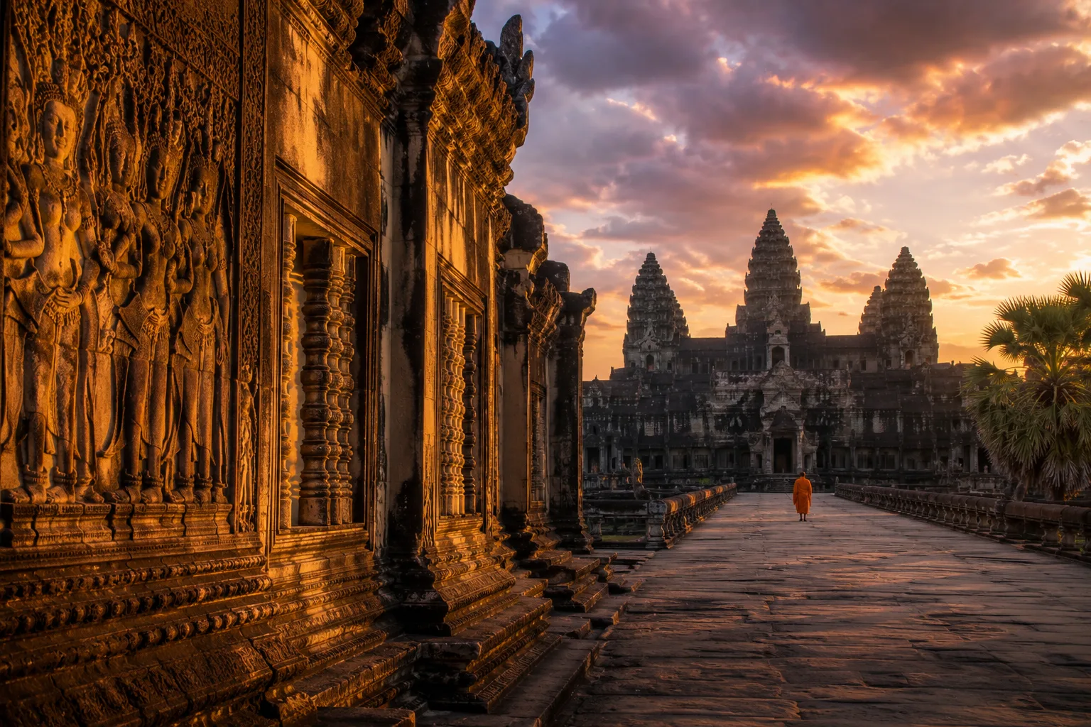 Chaussée en pierre menant aux tours d'Angkor Wat au lever du soleil