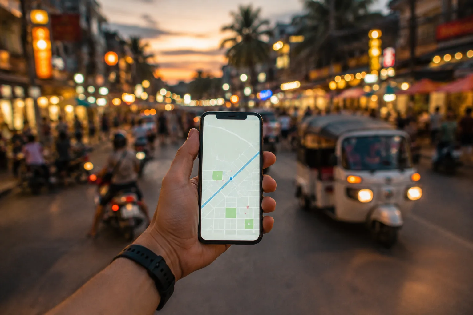 Téléphone affichant une carte au milieu de la circulation nocturne à Phnom Penh