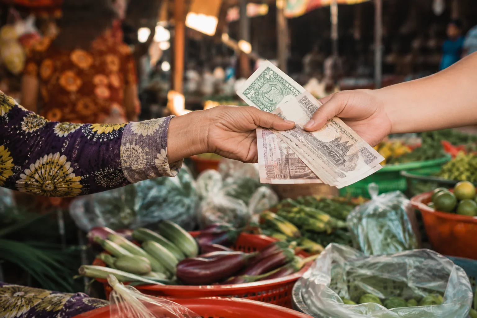 Paiement en dollars et riels sur un marché de légumes cambodgien