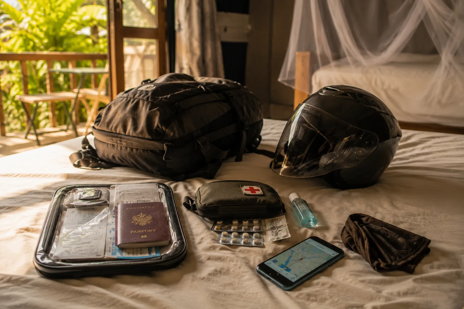 Sac de voyage, trousse médicale et documents préparés sur un lit avant le départ