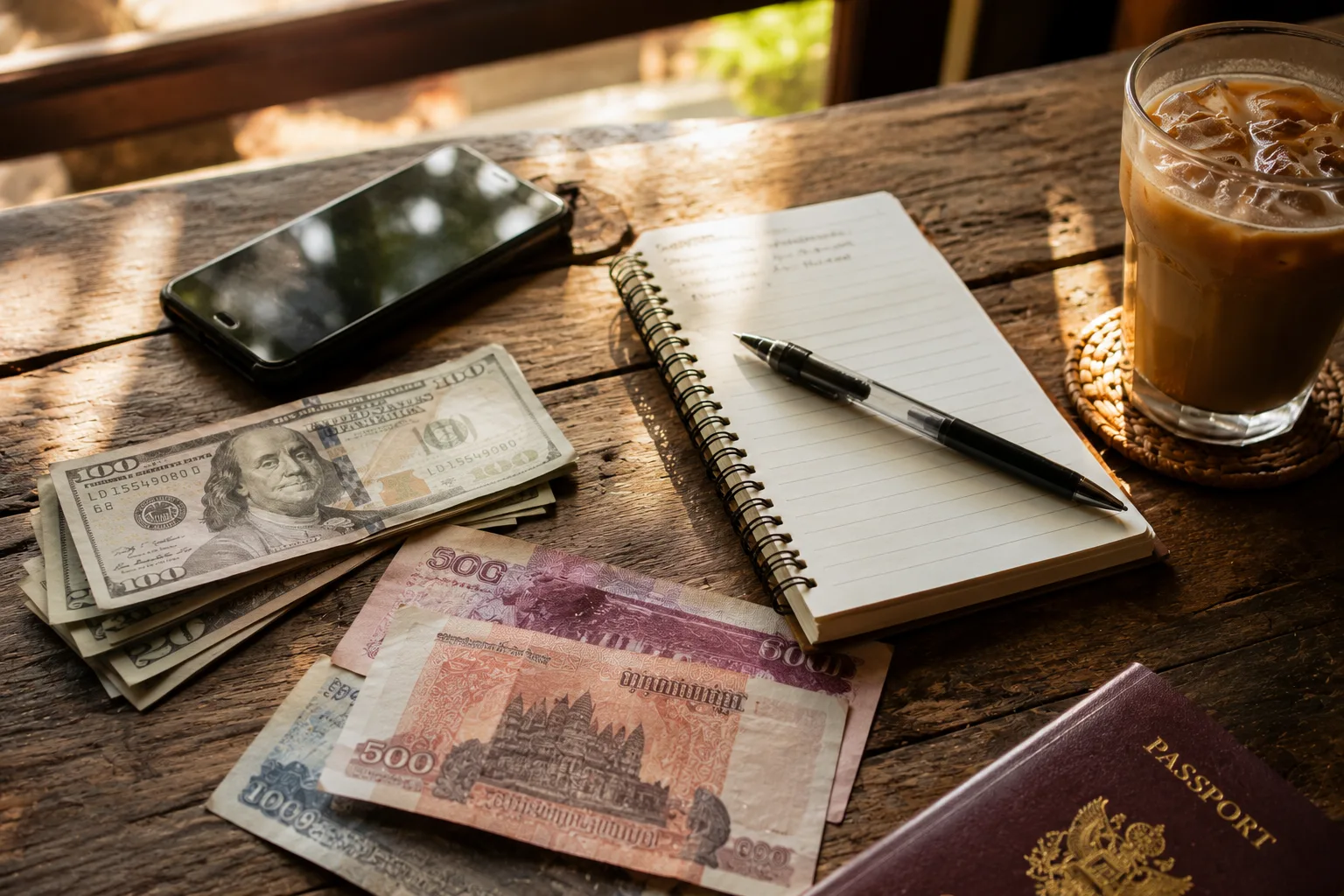 Passeport, billets cambodgiens, carte bancaire et carnet de notes sur une table