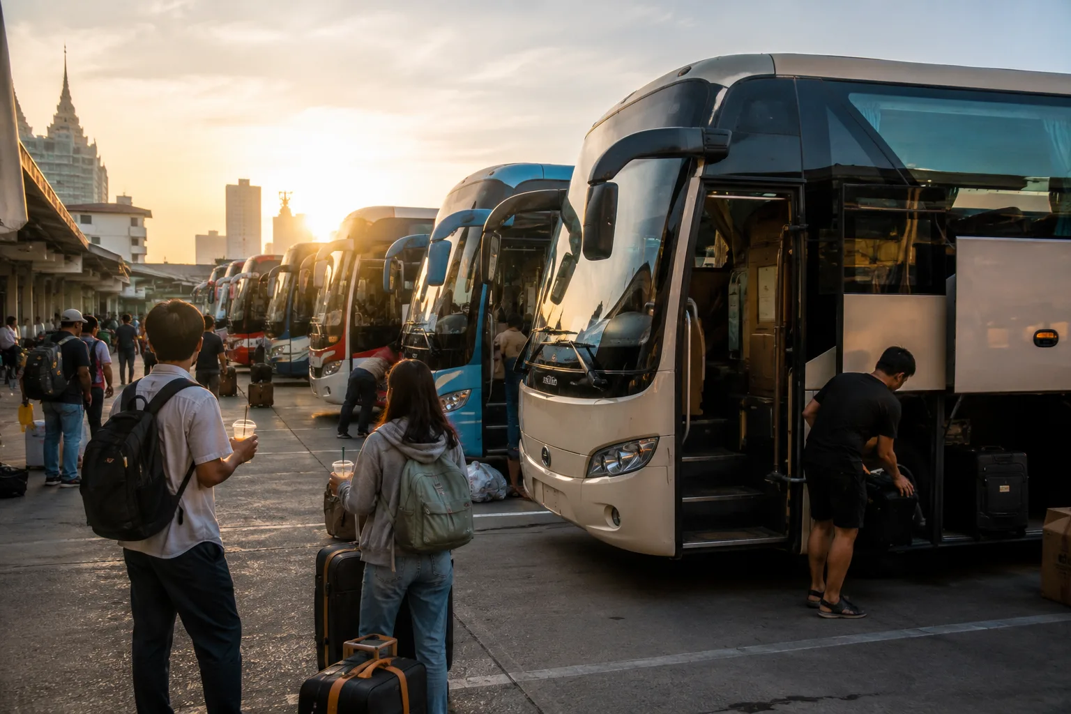 Voyageurs montant dans un bus longue distance au terminal de Phnom Penh