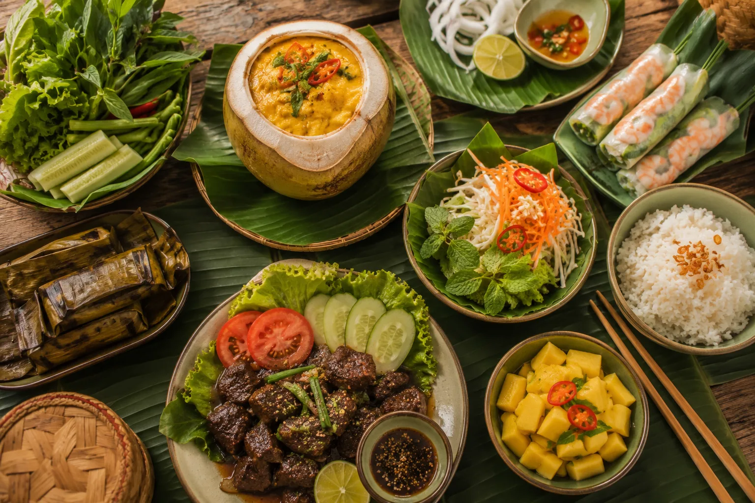 Table de plats khmers avec amok, riz, herbes fraîches et sauces