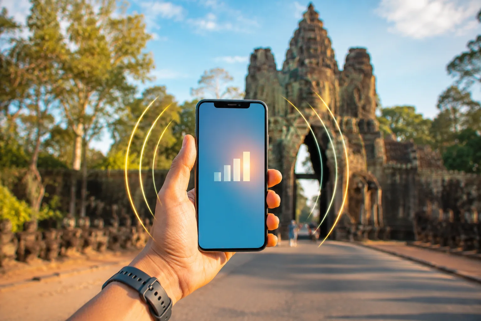 Smartphone affichant un forfait mobile devant les tours d'Angkor
