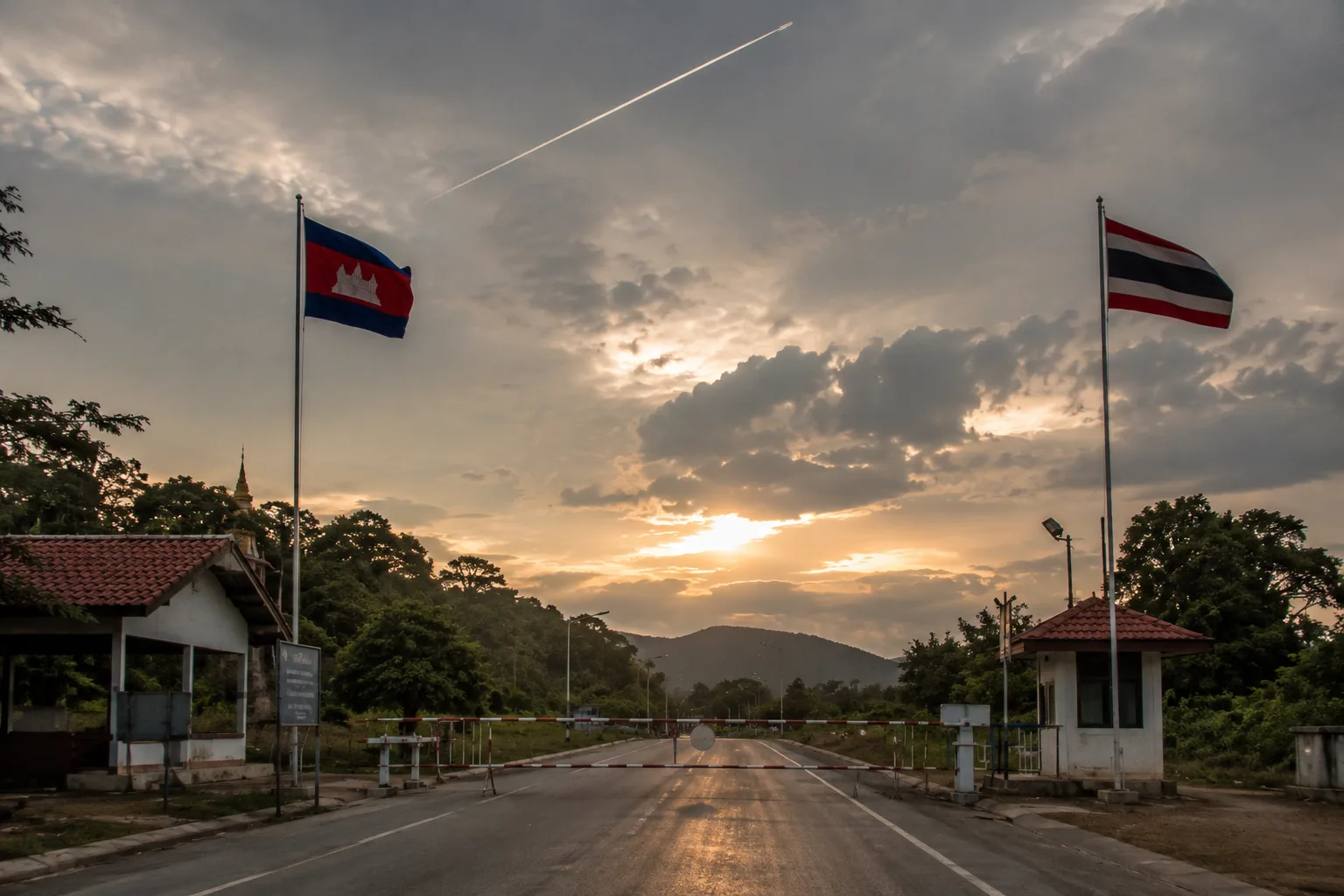 Poste-frontière et route entre le Cambodge et la Thaïlande sous un ciel brumeux