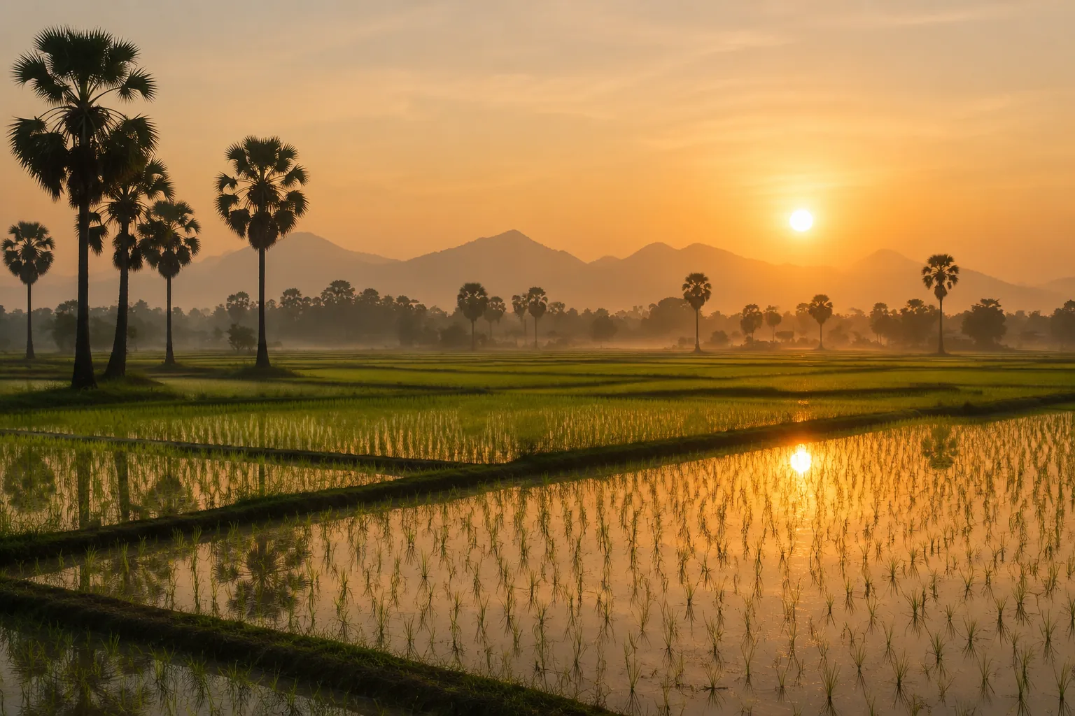 Lever de soleil sur un paysage de rizieres cambodgiennes avec palmiers a sucre