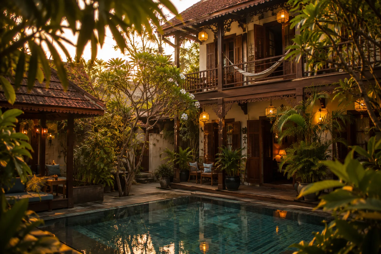 Piscine d'un boutique-hôtel tropical entourée de plantes au Cambodge