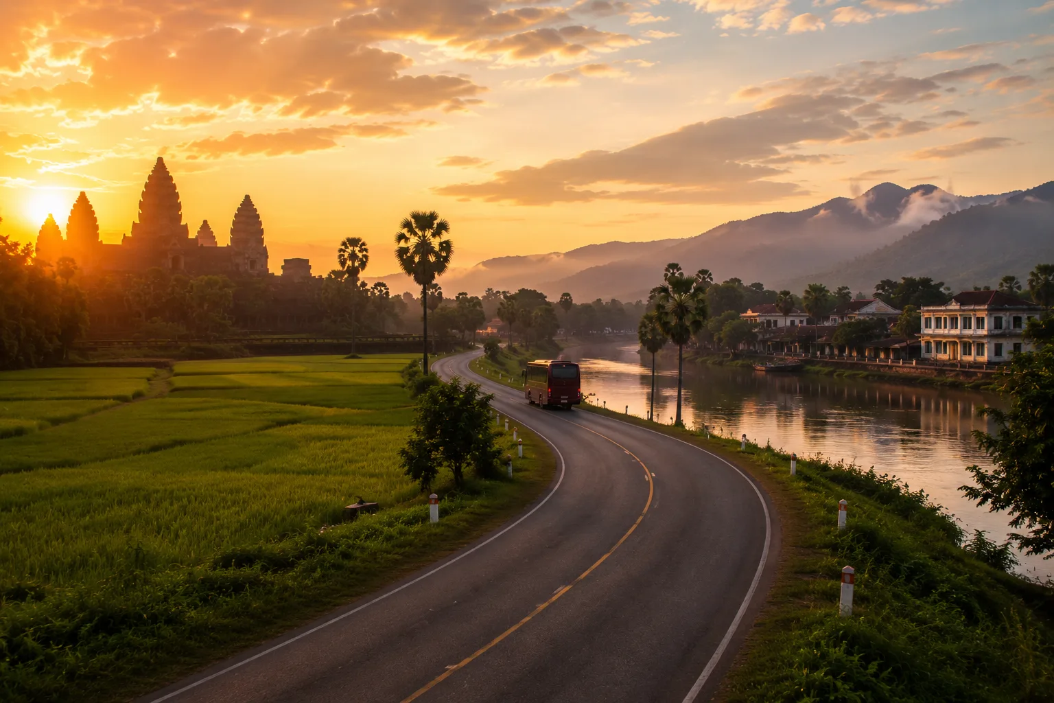 Route longeant la riviere et les rizieres devant les temples d'Angkor