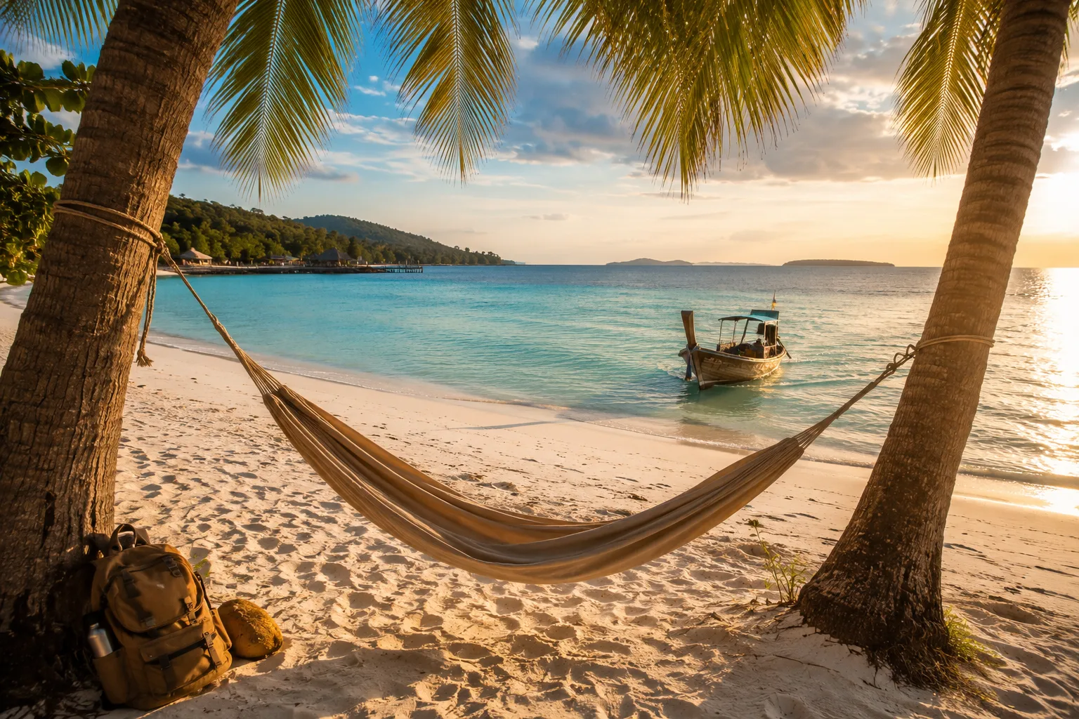 Hamac sous les palmiers devant une plage claire du littoral cambodgien