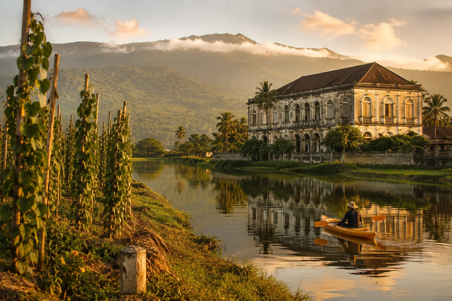 Rivière de Kampot au coucher du soleil avec montagnes et bâtiment colonial