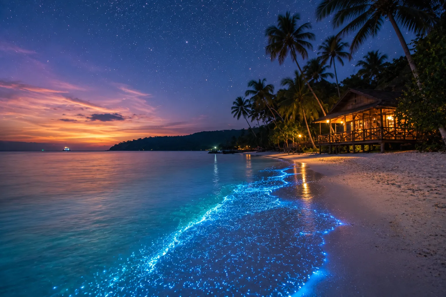 Plage de Koh Rong de nuit avec plancton lumineux au bord de l'eau