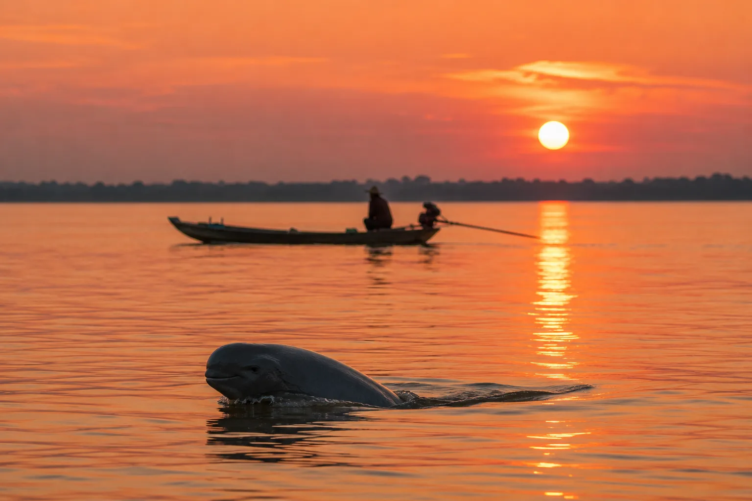 Dauphin de l'Irrawaddy remontant à la surface du Mékong au coucher du soleil