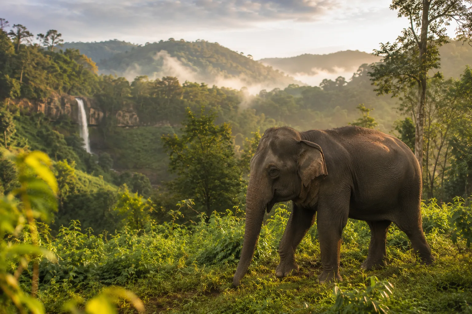 Éléphant dans une forêt brumeuse du Mondulkiri