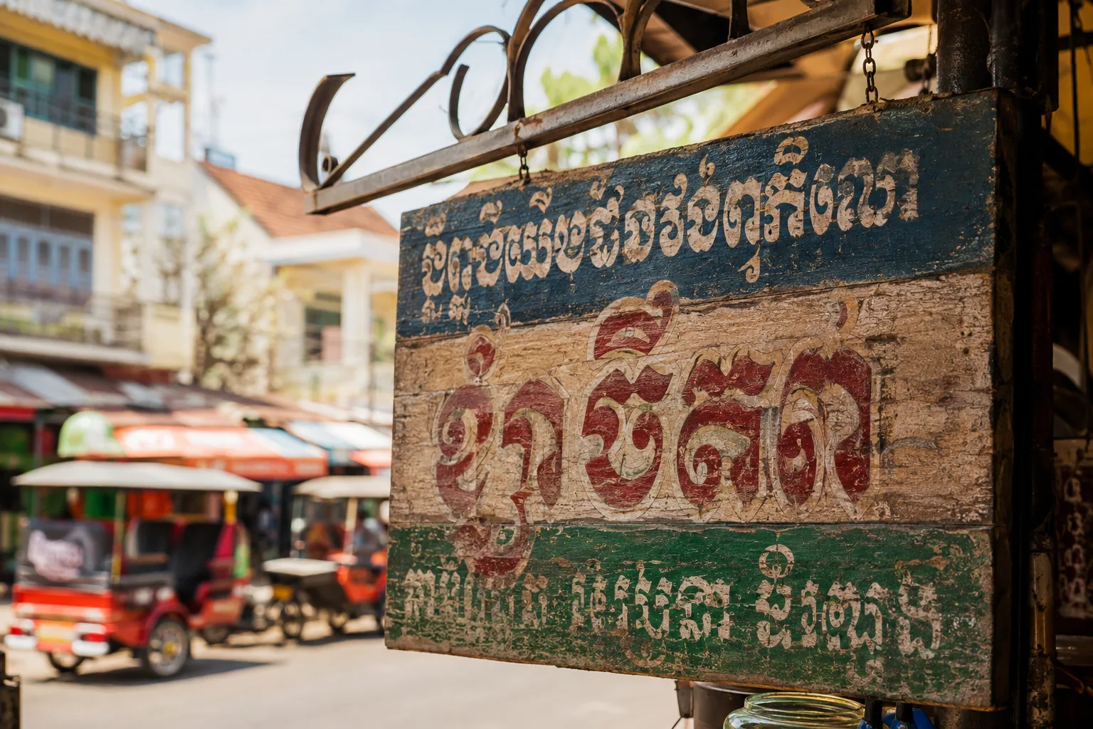 Enseigne de rue cambodgienne couverte de caracteres de l ecriture khmere