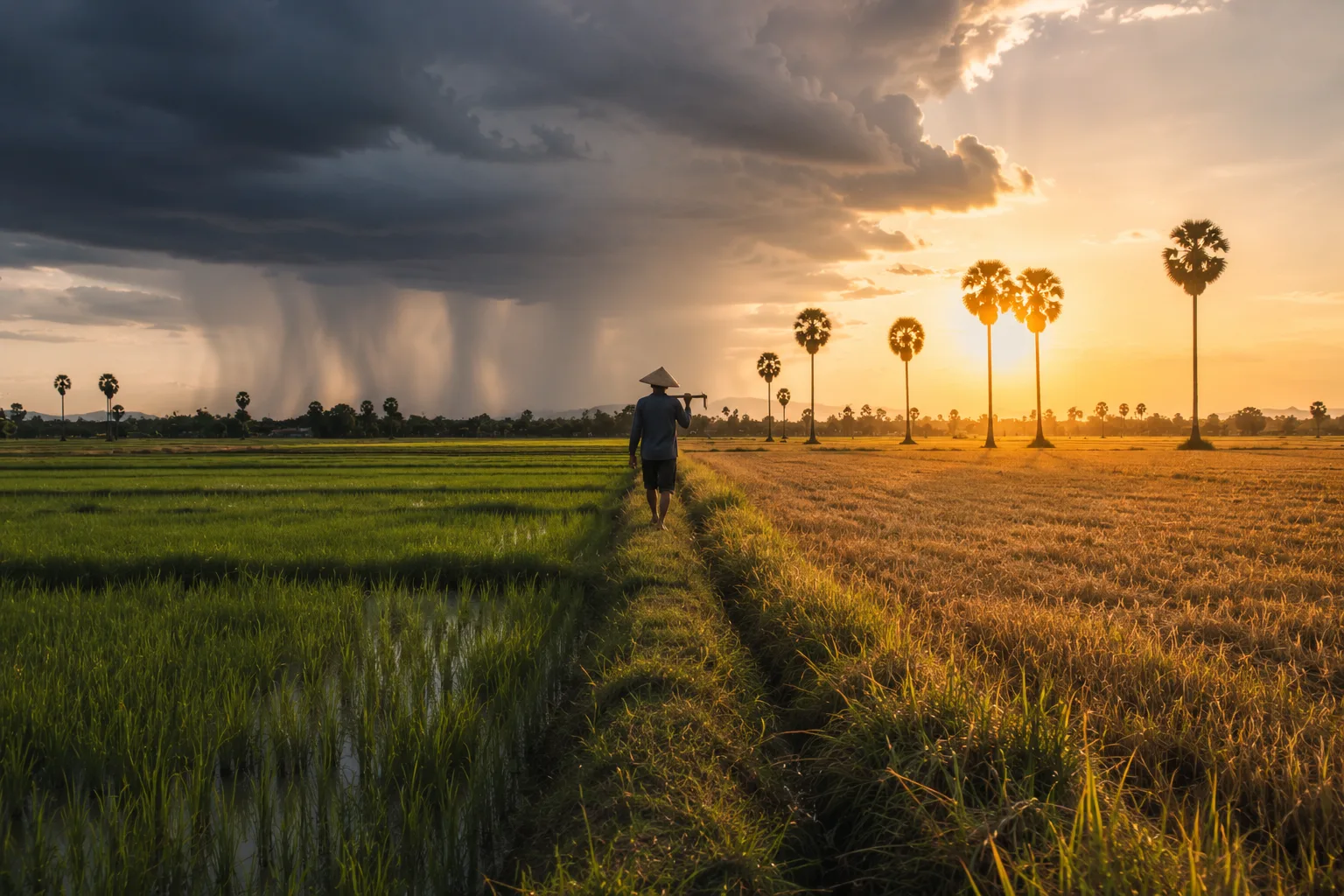 Rizière cambodgienne sous un ciel de mousson avec palmiers à sucre