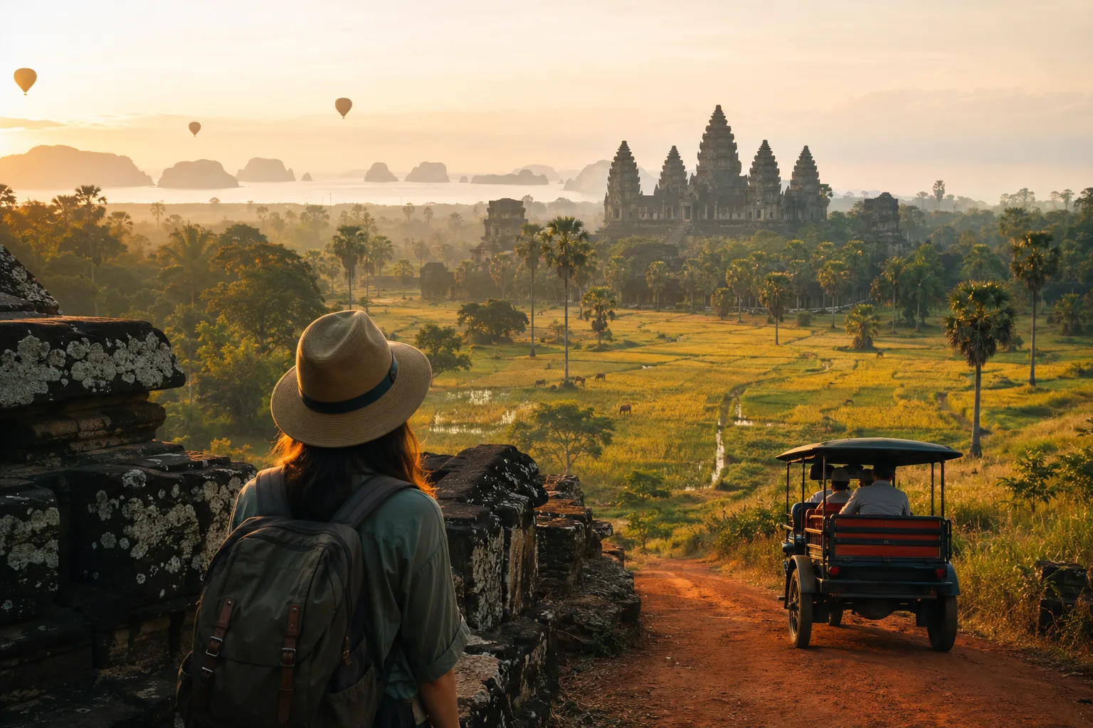 Voyageur face aux temples d'Angkor avec un tuk-tuk sur le chemin