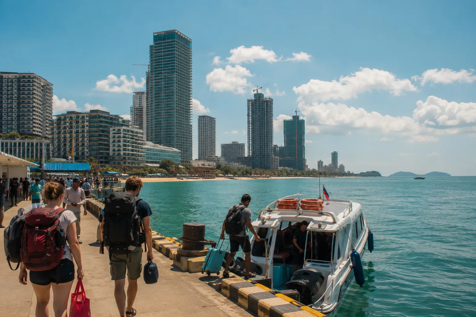 Front de mer de Sihanoukville avec bateaux rapides et immeubles en arrière-plan