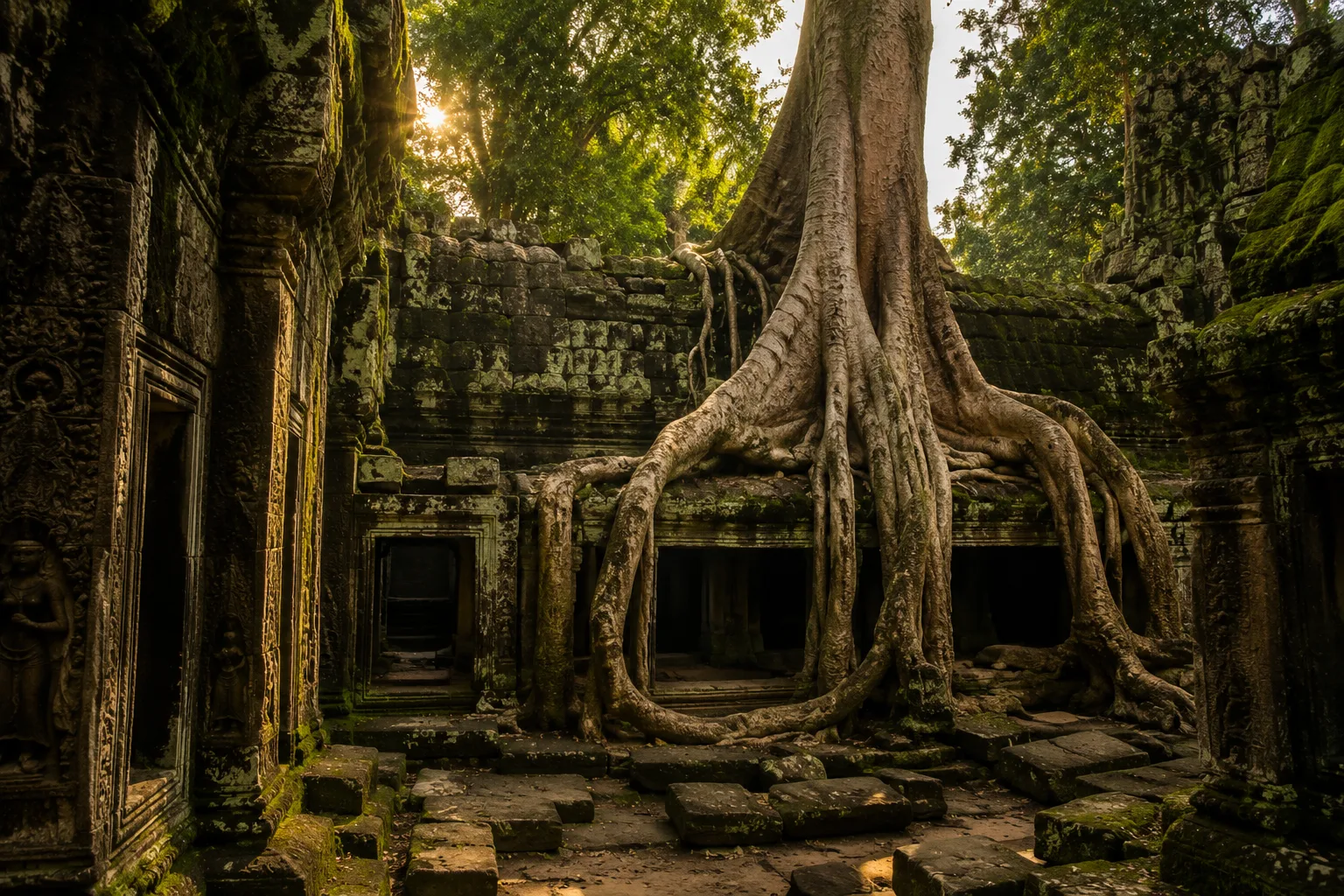 Temple d'Angkor envahi par les racines dans la jungle