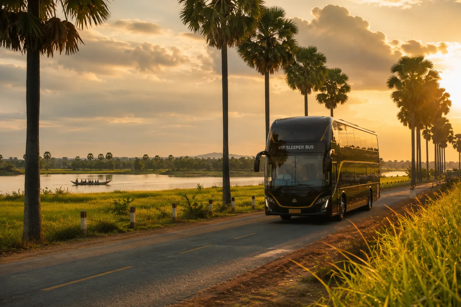 Bus circulant sur une route de campagne cambodgienne au coucher du soleil
