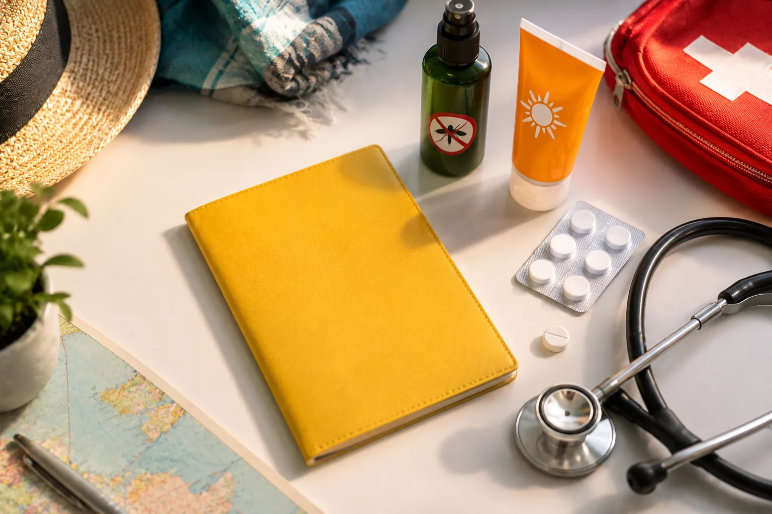 Passeport, carnet de vaccination, médicaments et répulsif préparés sur une table