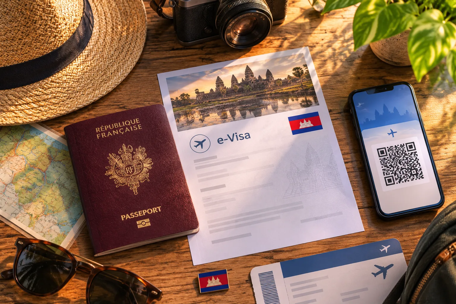 Passeports et documents e-visa imprimés posés à côté d'un ordinateur portable